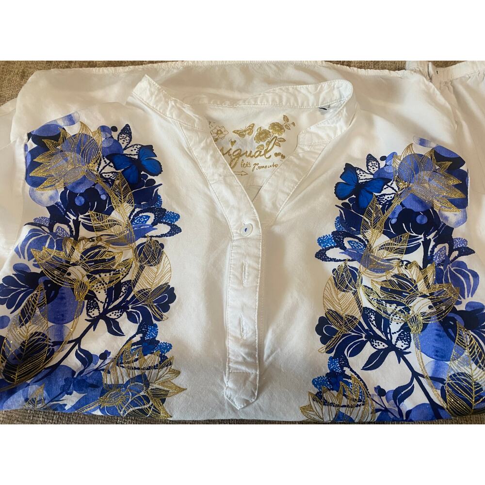 Desigual White Blue Floral Blouse Gold Accent Boho Top Women’s US Small EUR Med - Picture 3 of 9